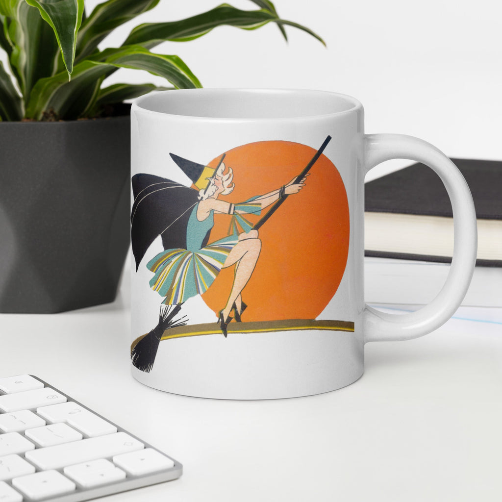 Flying Flapper Witch On Broom Orange Moon Retro Halloween Print Glossy Mug