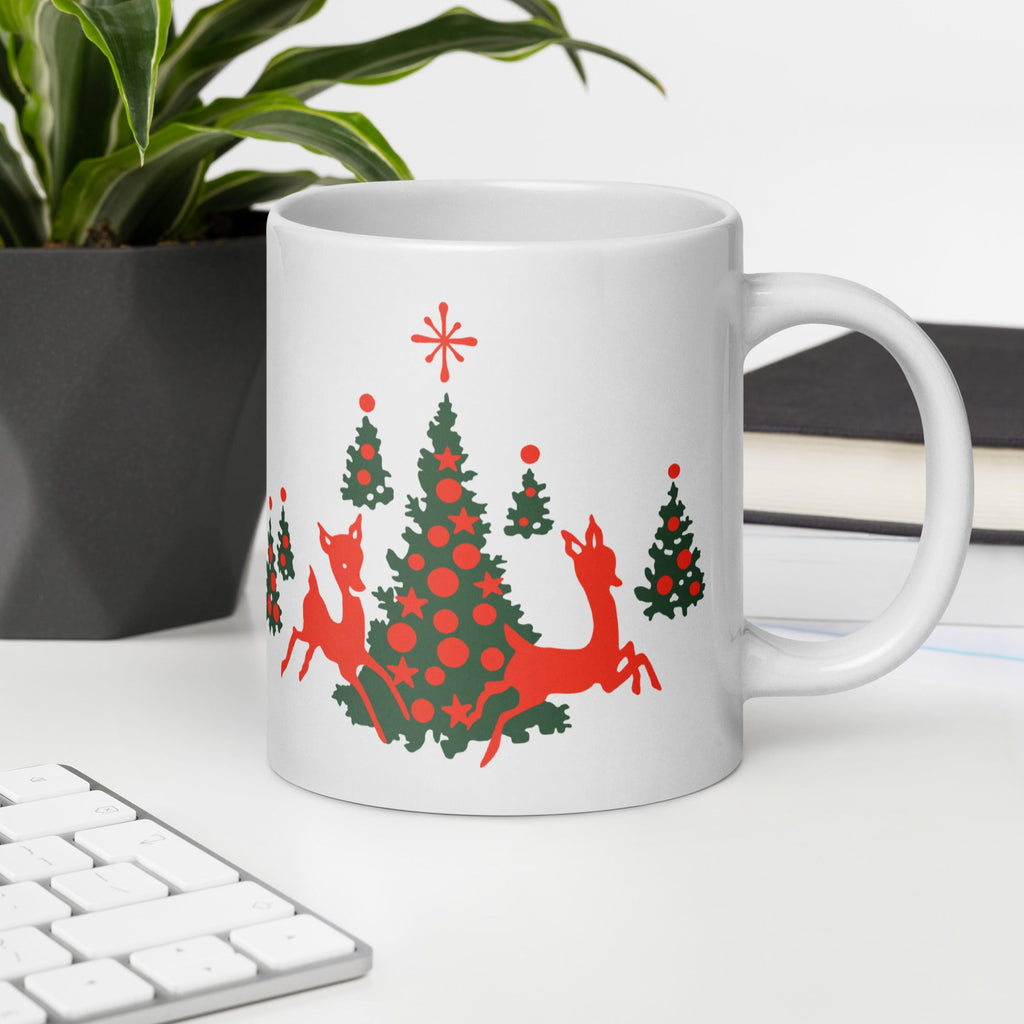Red Reindeer Christmas Trees Mid Century Retro Christmas Print White Glossy Coffee Mug