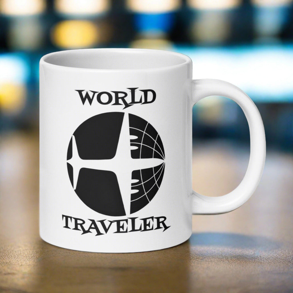 World Traveler Airplane Globe Atomic Mid Century Retro Travel Print White Glossy Mug