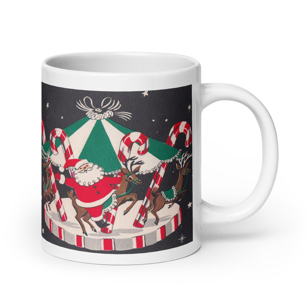 Santa And Reindeer On Candy Cane Carousel Mid Century Retro Christmas Print Glossy Mug