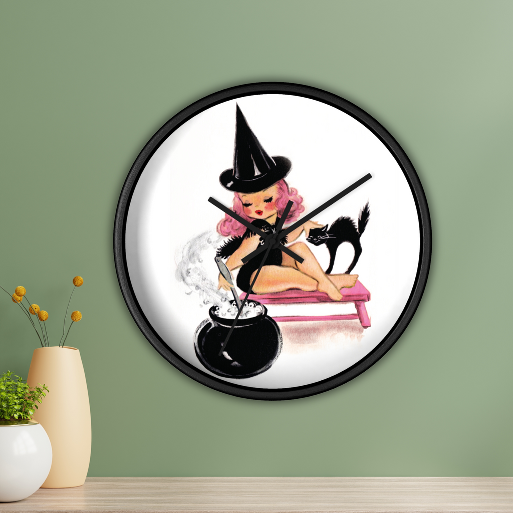 Pink Witch Black Cat Retro Halloween Fall Print Decor Wooden Wall Clock